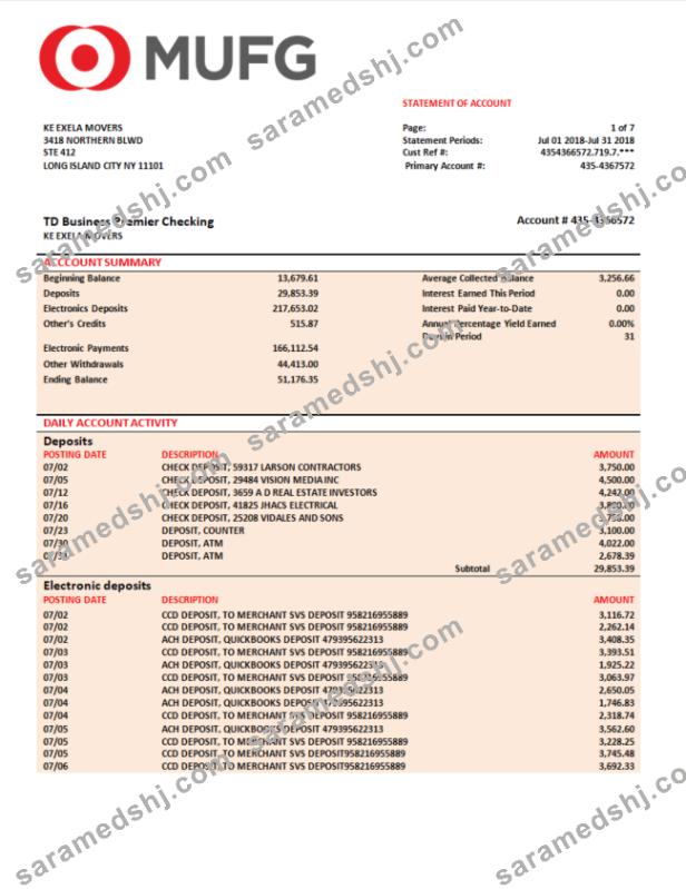 MUFG Bank business checking account statement Word and PDF template